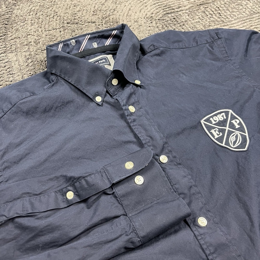 Eden Park Men's Large Button Down Shirt Navy Blue Long Sleeve 1987 Crest Logo